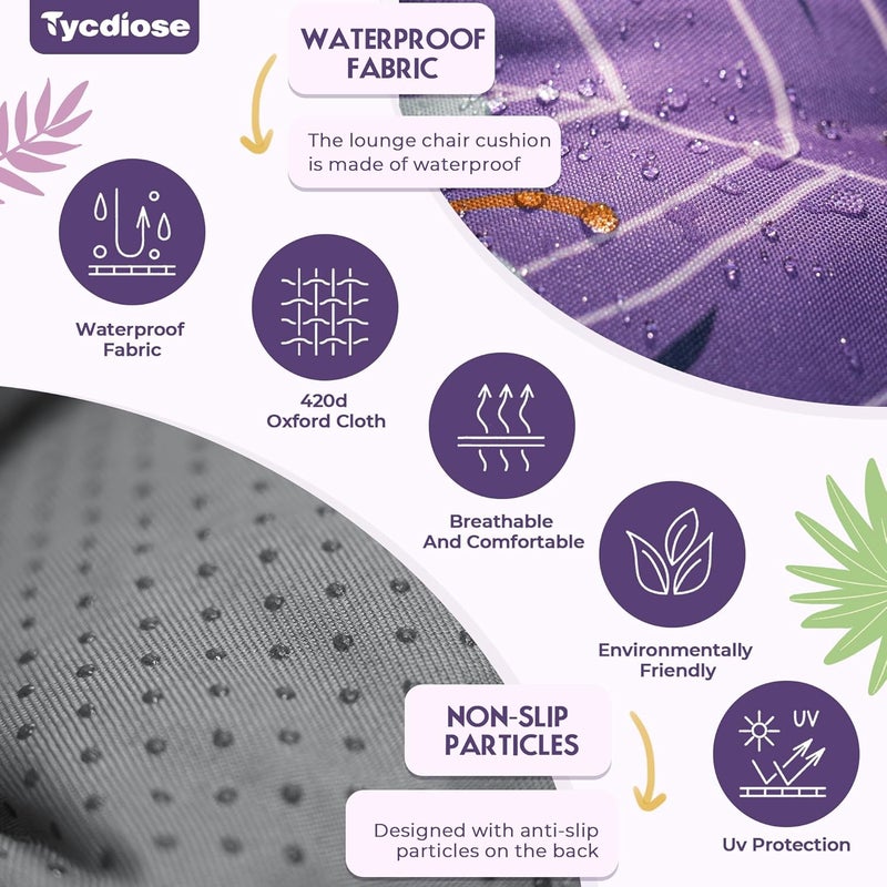 Tycdiose Outdoor Chaise Lounge Chair Cushion Waterproof 74.4 x 22 x 4.7 Inches Thickened Memory Foam Patio Lounge Chair Cushions Replacement for Outdoor Furniture with Ties, Purple Floral Leaf - Image 4